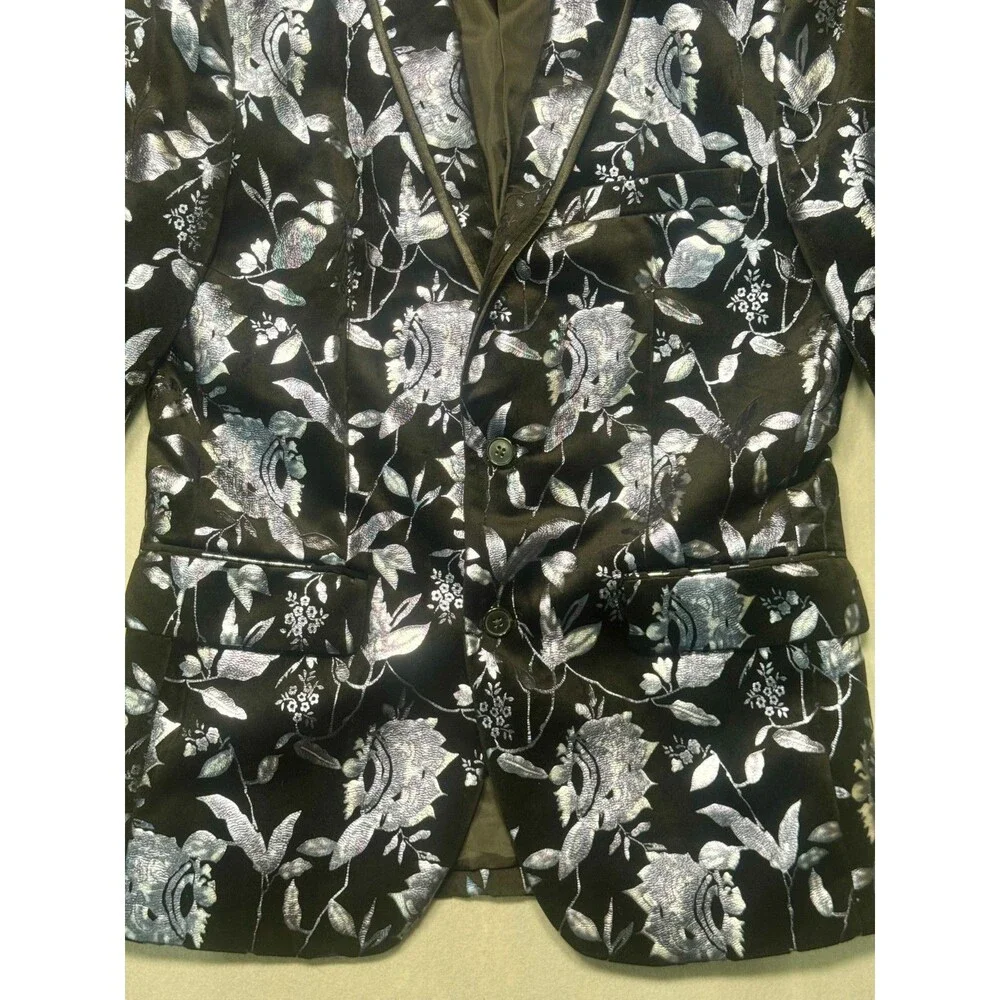 INC Men's Blazer Black Velvet With Silver Floral Jacket Party Nashville Medium